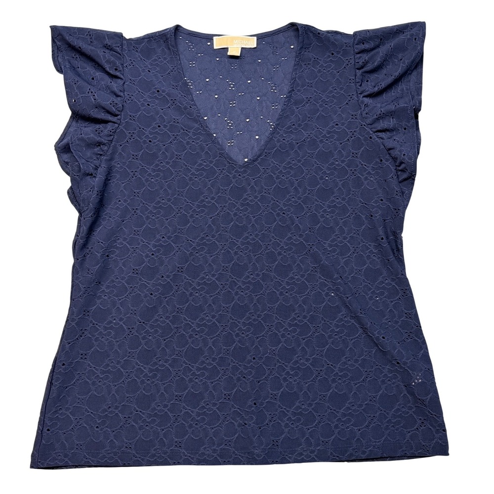 Michael Kors Navy Blue Eyelet Ruffle Cap Sleeve V-Neck Top Size M QU250RY1D8
